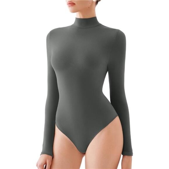 Women's Turtle Neck Long Sleeve Bodysuit Basic Charcoal - Picture 1 of 5